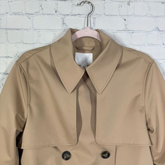 H&M Trench Coat Women's Medium Double Breasted Tan Belted City Career Long NWT - Picture 9 of 14